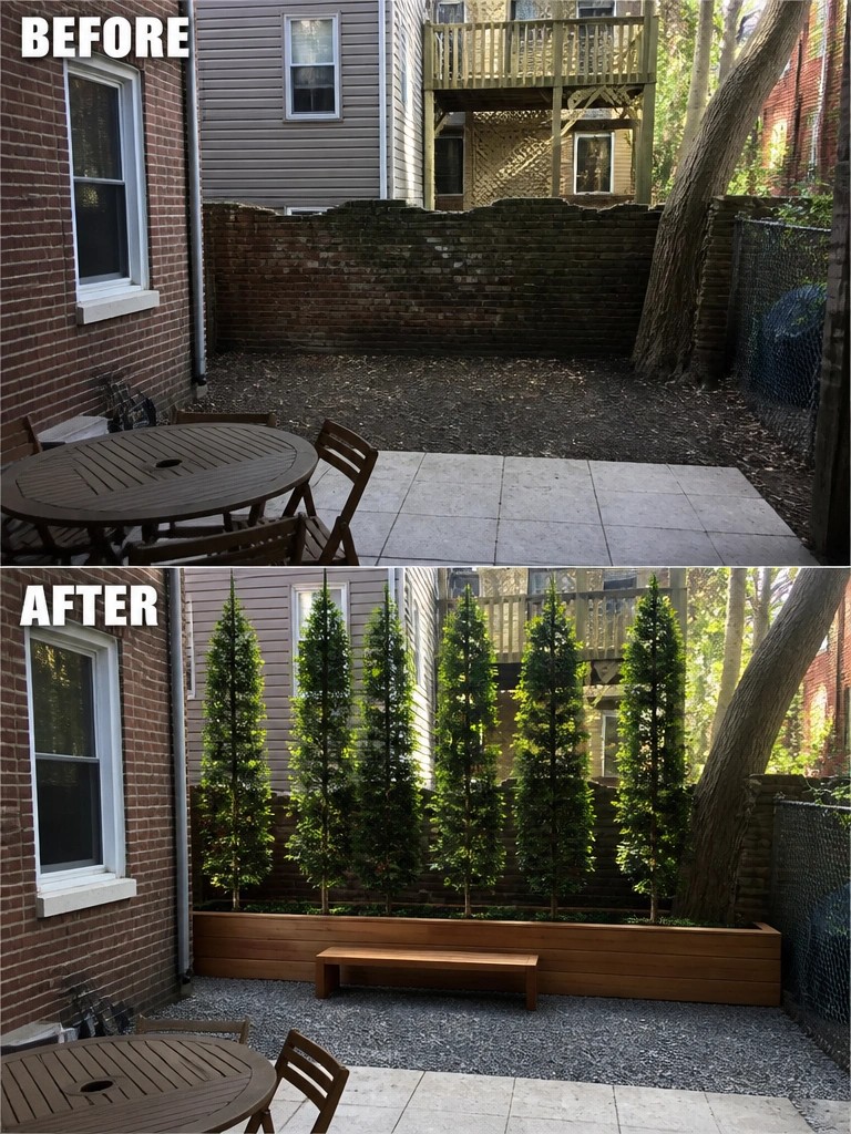 Before and after backyard with added tall trees in wooden planter box.