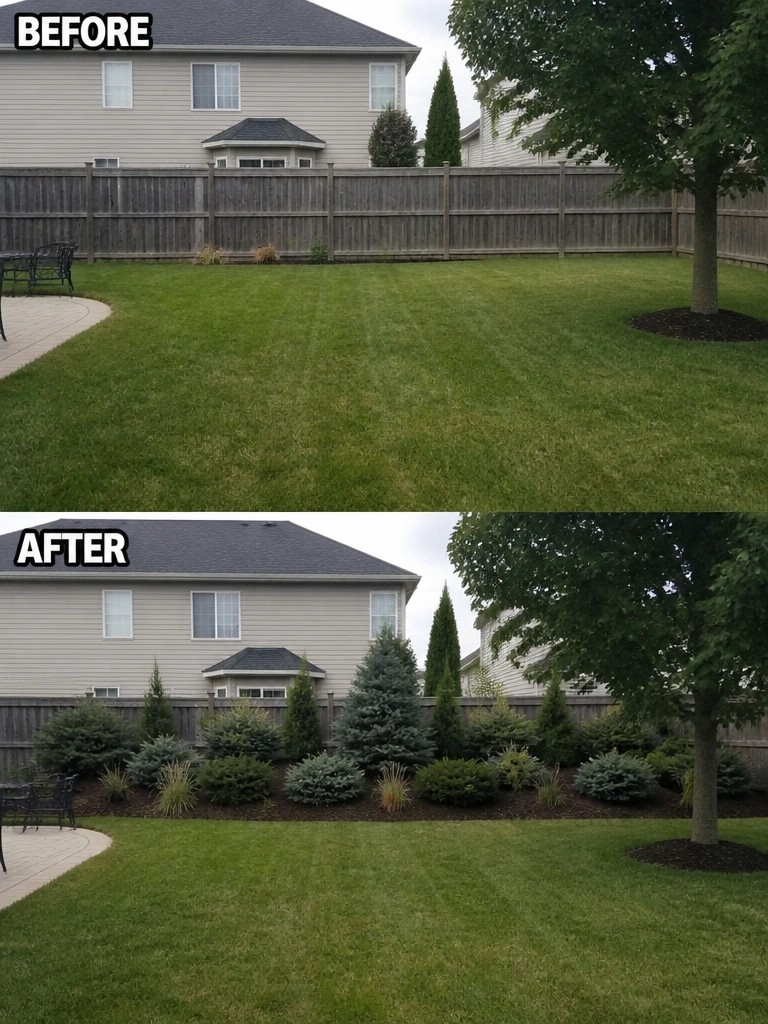 Before-and-after image of a backyard showing a bare lawn with a wooden fence changed by adding a border of shrubs and small trees along the fence.