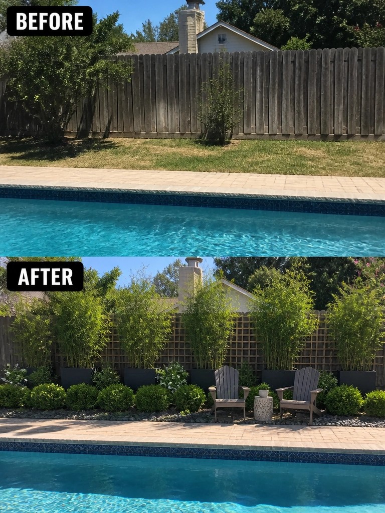Before-and-after image of a backyard pool area where a plain fence line was updated with tall plants in black containers to create privacy.