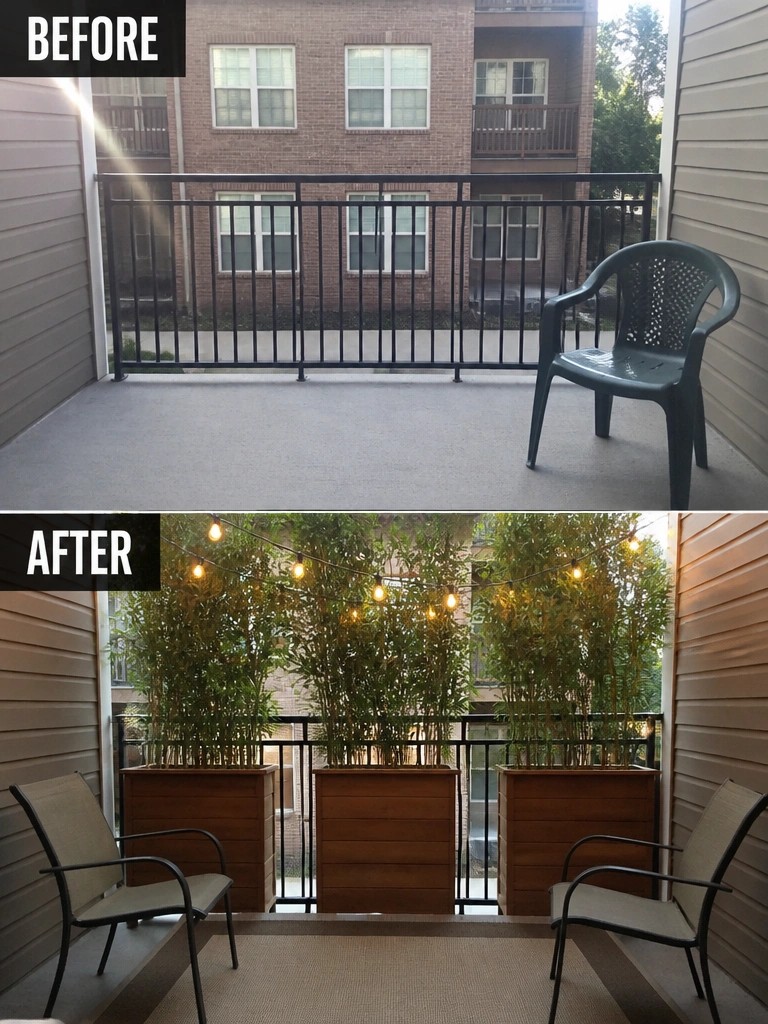Before and after balcony with planters, string lights, chairs and rug.
