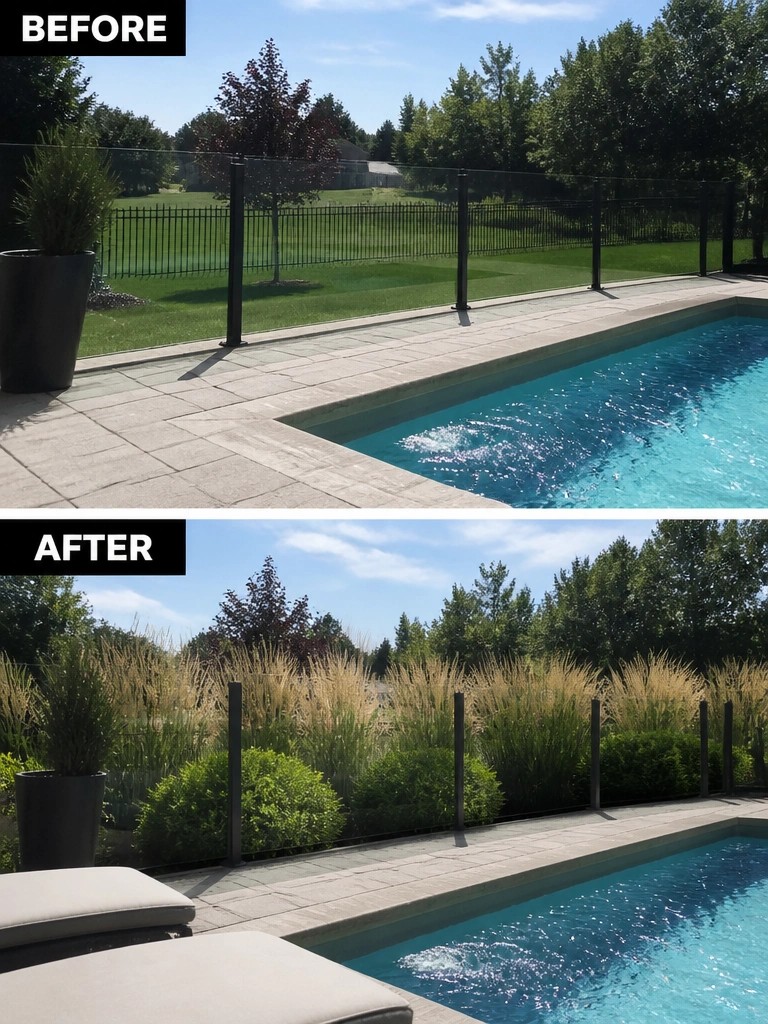 Before and after of pool deck with added tall grasses and shrubs