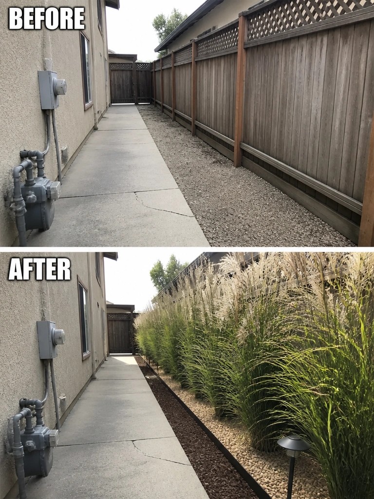 Before-and-after image of a bare gravel side yard changed into a planted bed with tall ornamental grasses.