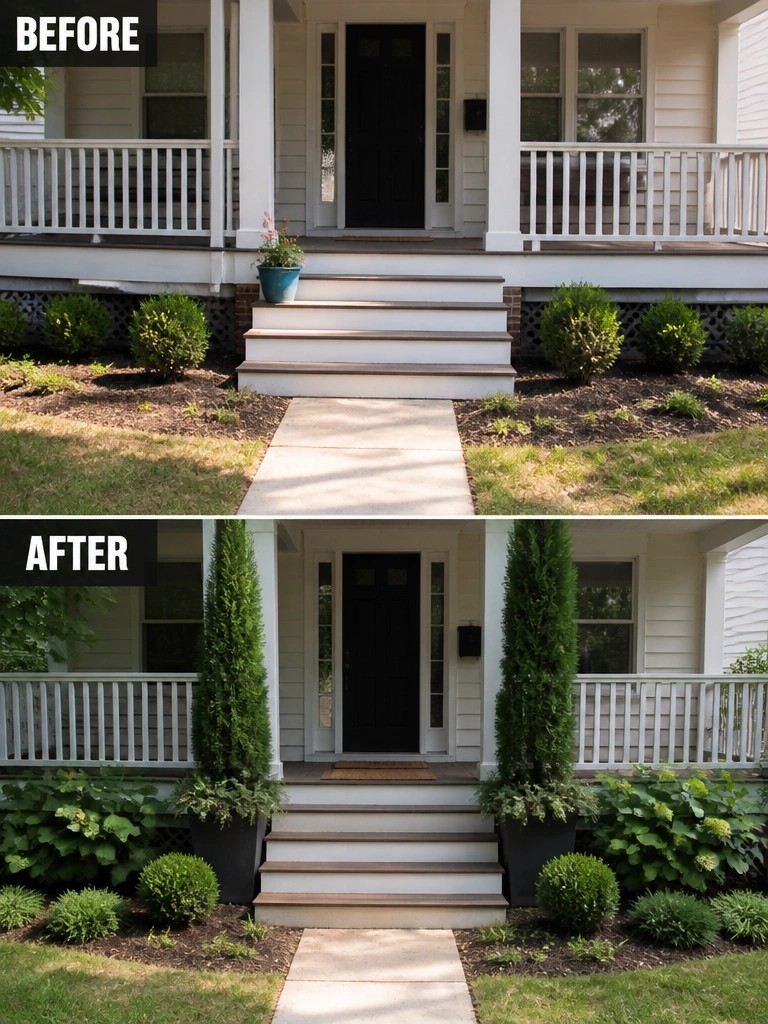 Before-and-after image of a house entry showing open steps changed by adding two tall evergreen trees in large black pots.