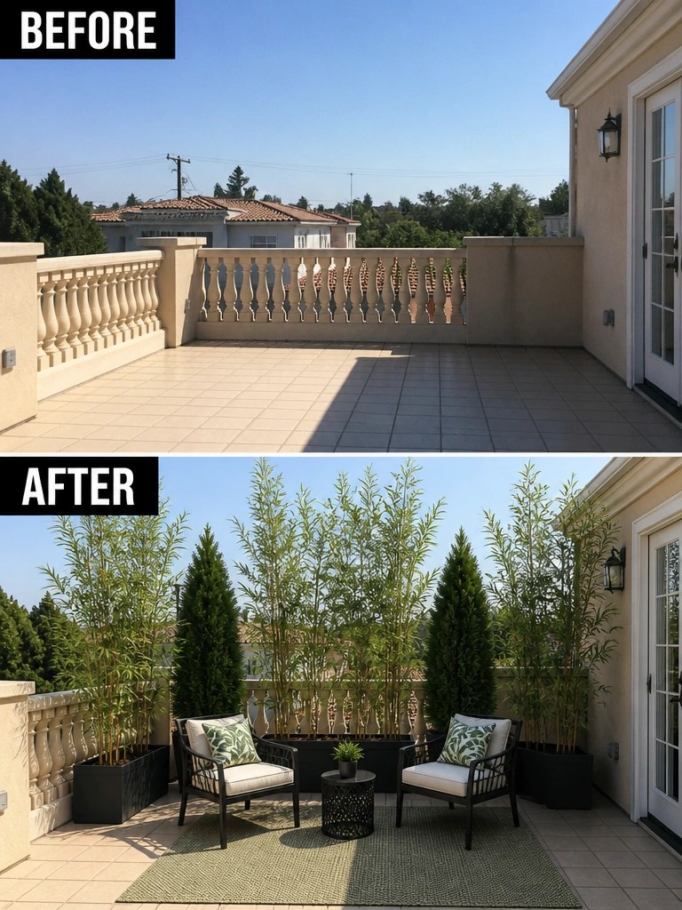 Before and after balcony with added plants, chairs, rug, and planters.