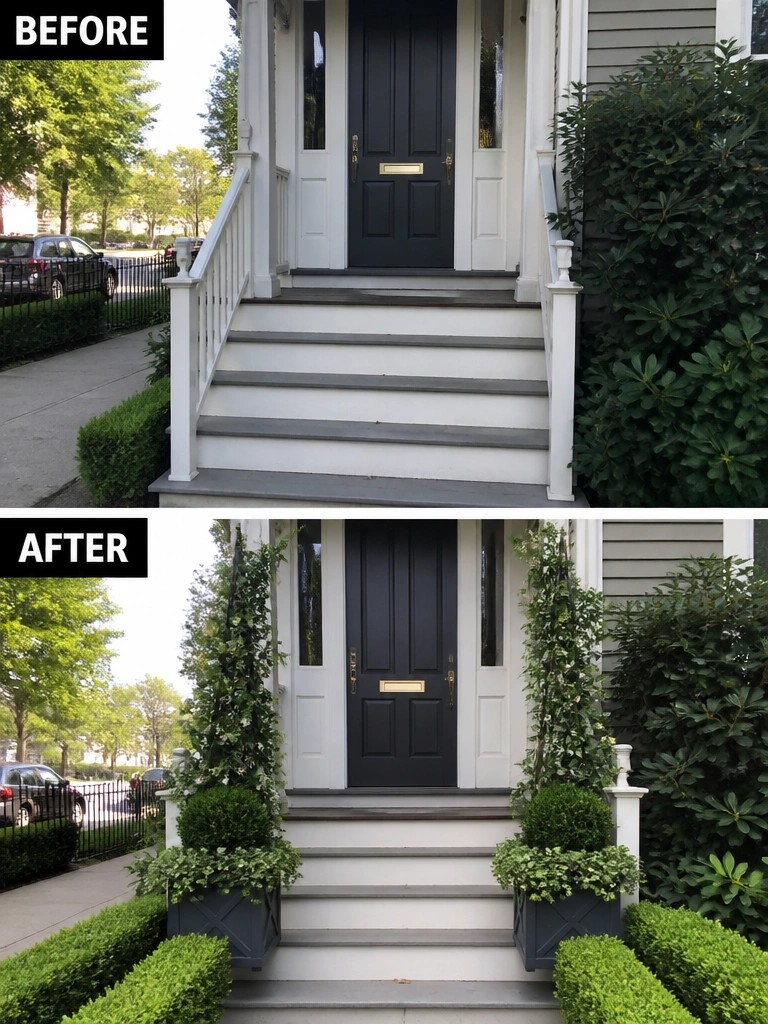 Before and after of black door entrance with added vine-covered planters.