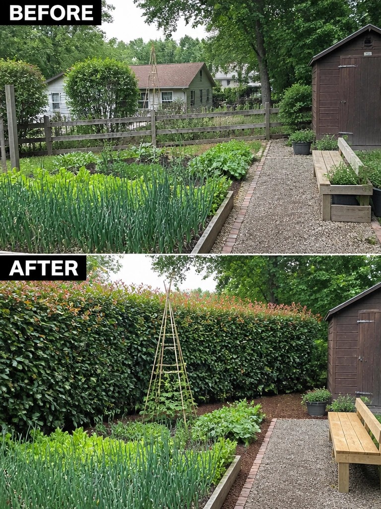 Before and after garden views showing new dense hedge and trellis.