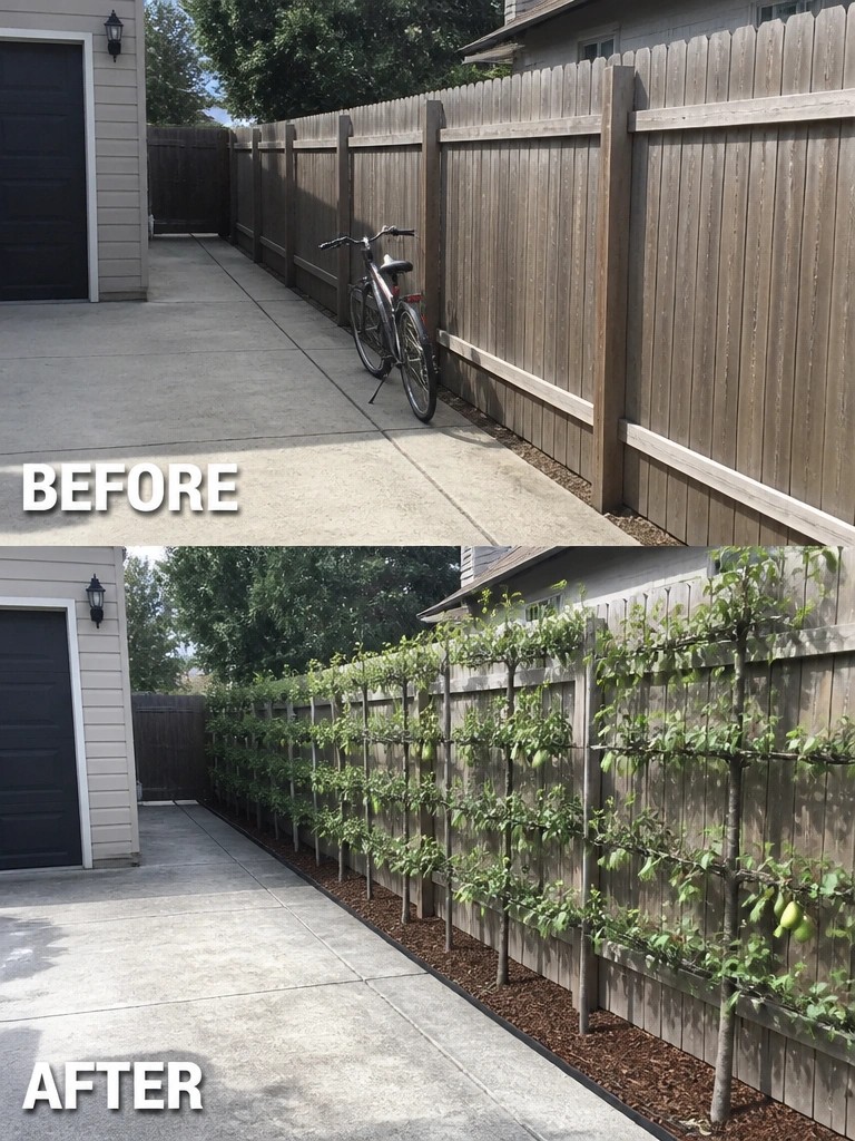 Before-and-after wooden fence with bicycle versus fruiting espalier vines along driveway