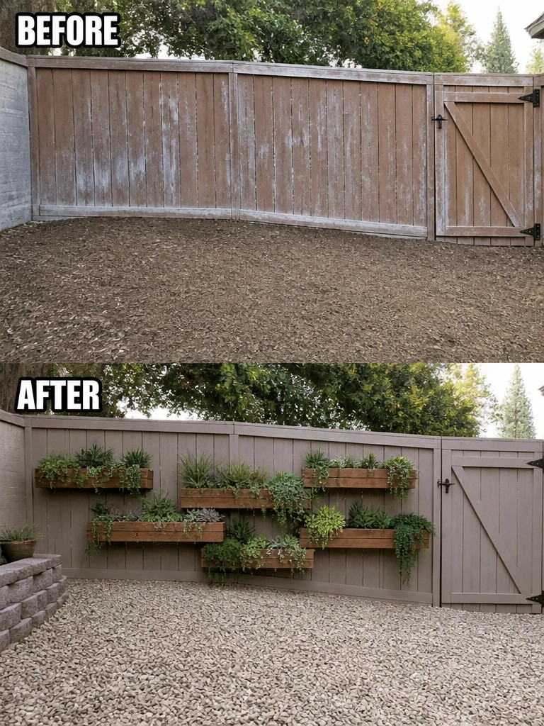 Before-and-after image of a weathered fence updated with mounted wooden planters filled with greenery along the base.