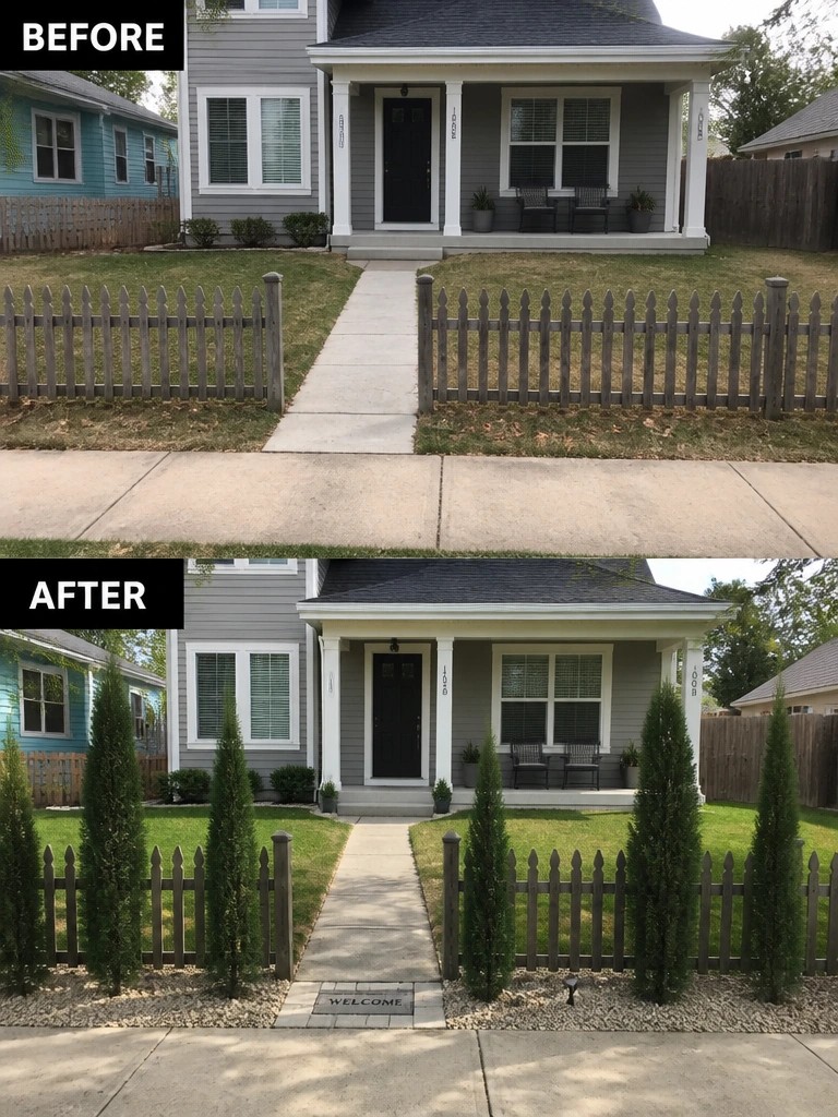 Before and after of gray house with added tall trees and welcome mat on path.