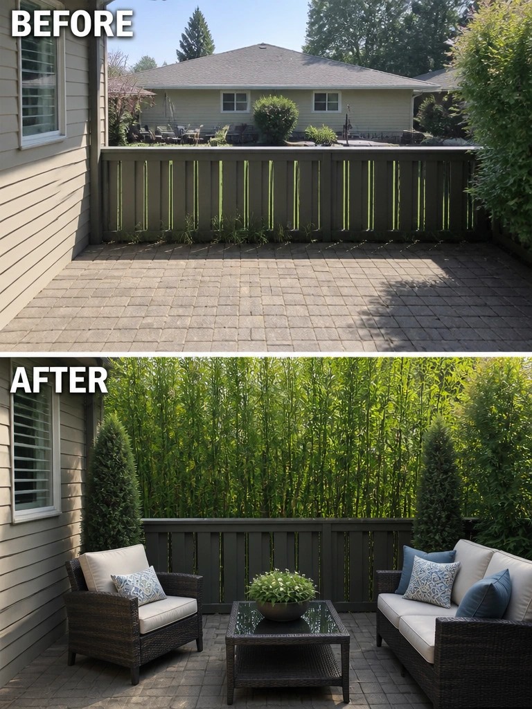Before and after patio with added bamboo screen and outdoor furniture set.
