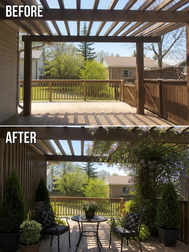 Before and after of wooden deck with pergola, now featuring plants, vines, and patio furniture