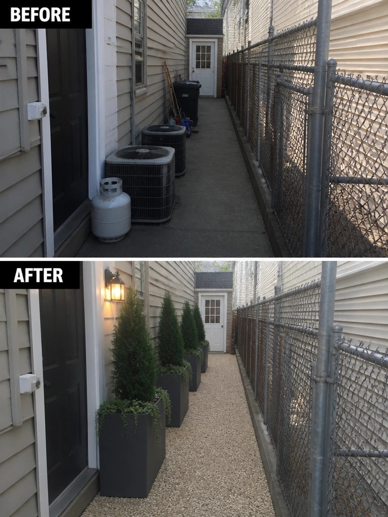 Before-and-after image of a narrow side yard transformed by a row of tall planters with evergreen trees placed along the house wall.