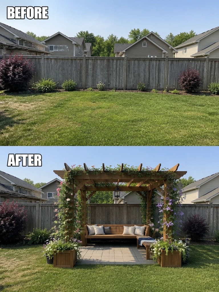 Before and after backyard with new wooden pergola, bench, and flowering vines.