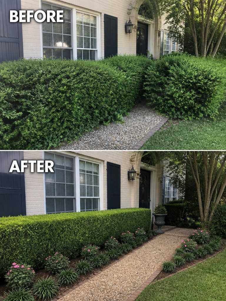 Before-and-after image of overgrown shrubs trimmed into a neat hedge with added low flower borders along the gravel path.