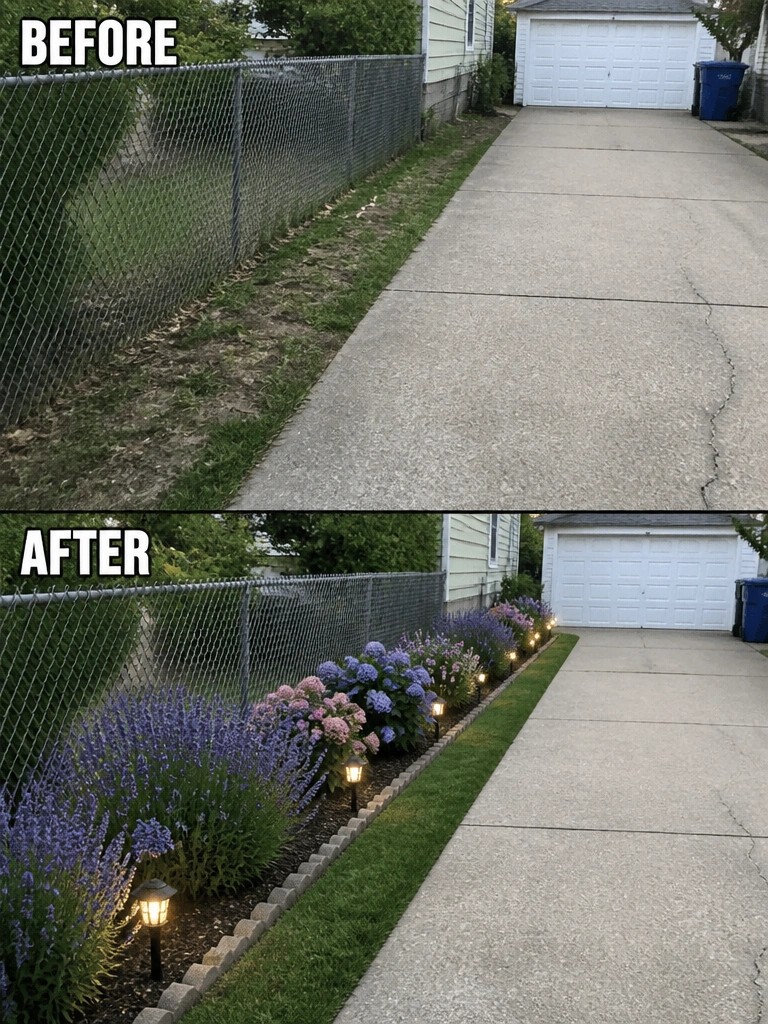 Before-and-after image of a bare weedy strip along a chain-link fence changed into a defined garden bed with flowers, edging, and path lights.