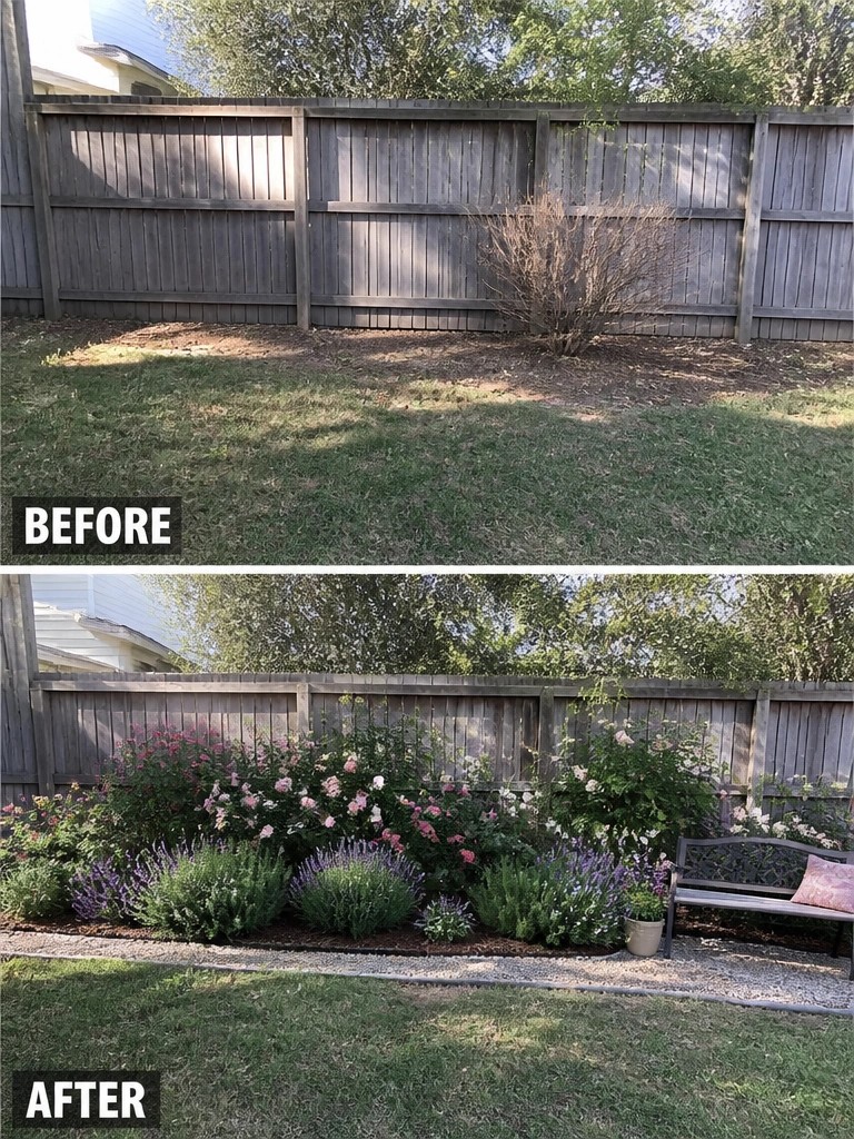Before and after of bare yard transformed into colorful flower garden with bench.