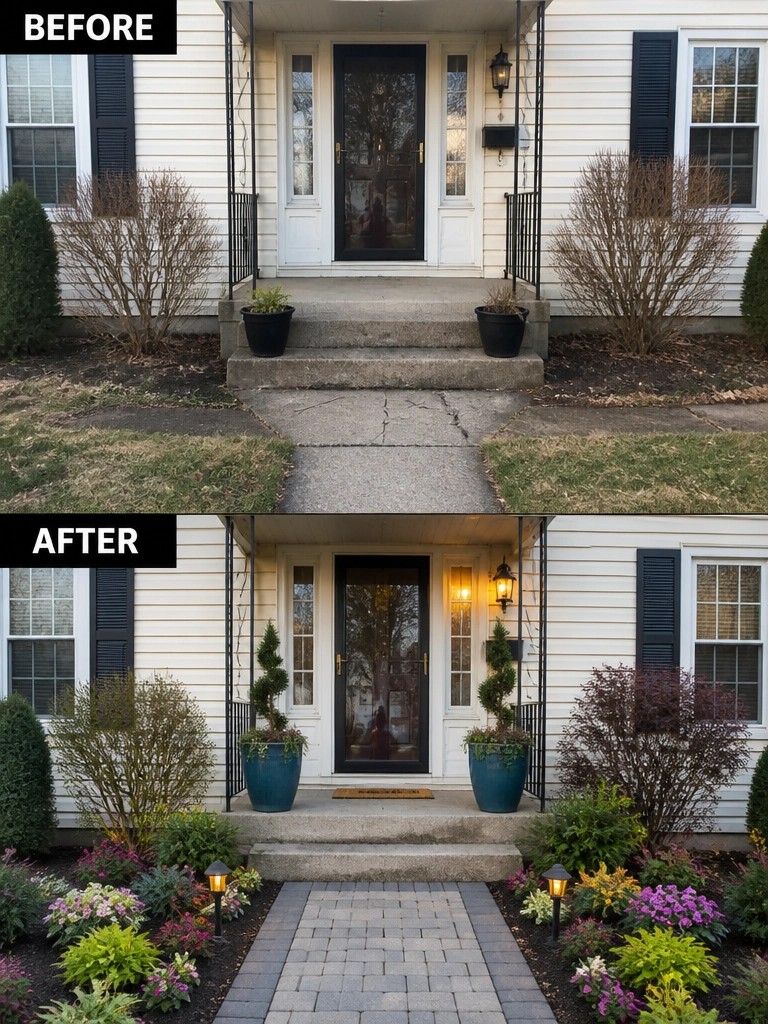 Before and after of house entrance with new colorful landscaping and paver walkway.