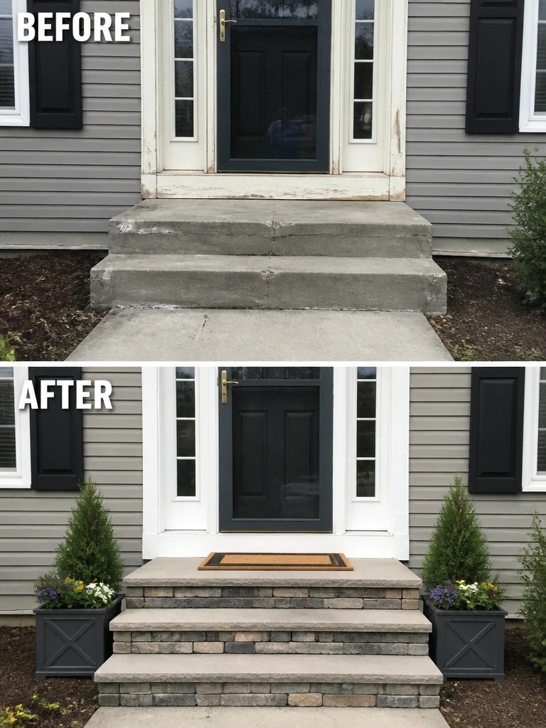 Before and after of house entrance with stone steps and planters.