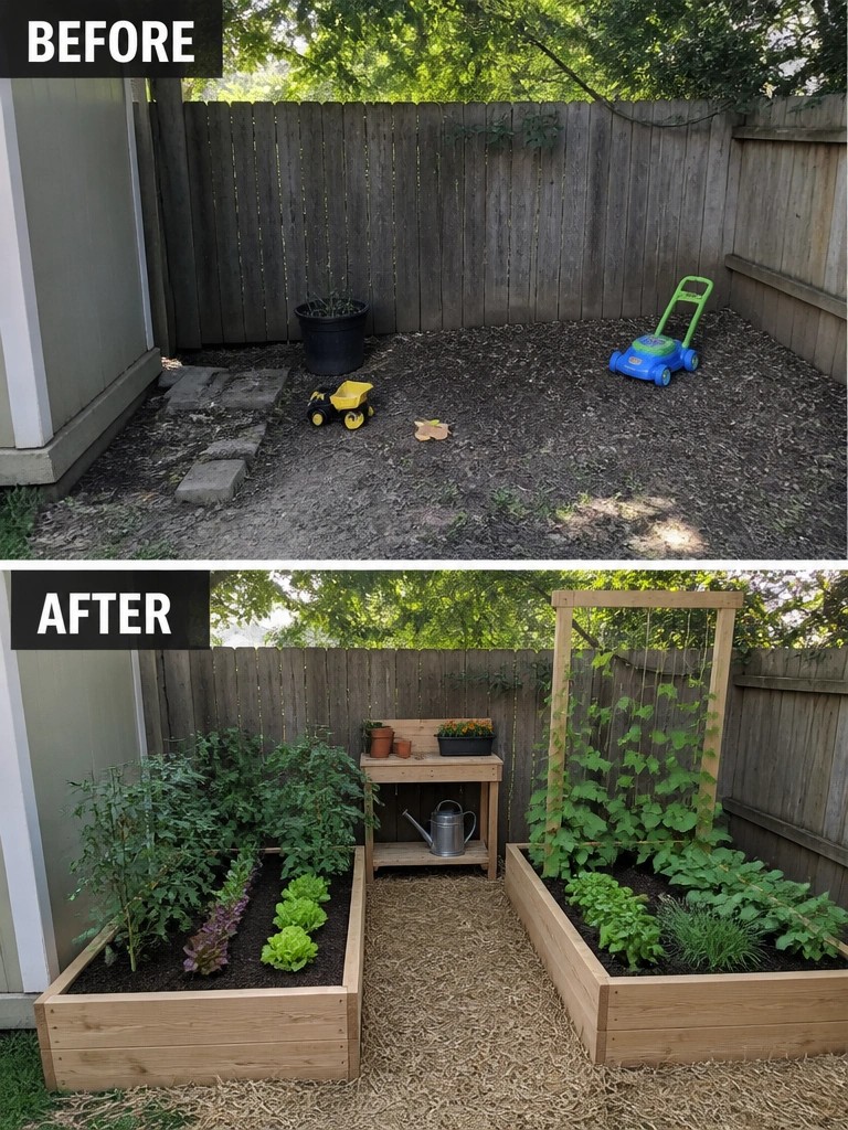Before and after of backyard transformed into raised-bed vegetable garden with trellis