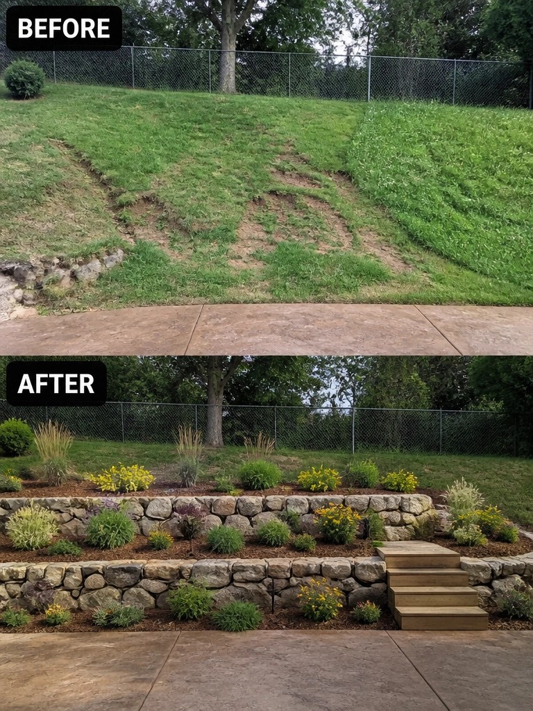Before-and-after image of a sloped backyard changed from an eroded lawn into terraced stone retaining walls with planted beds and wooden steps.