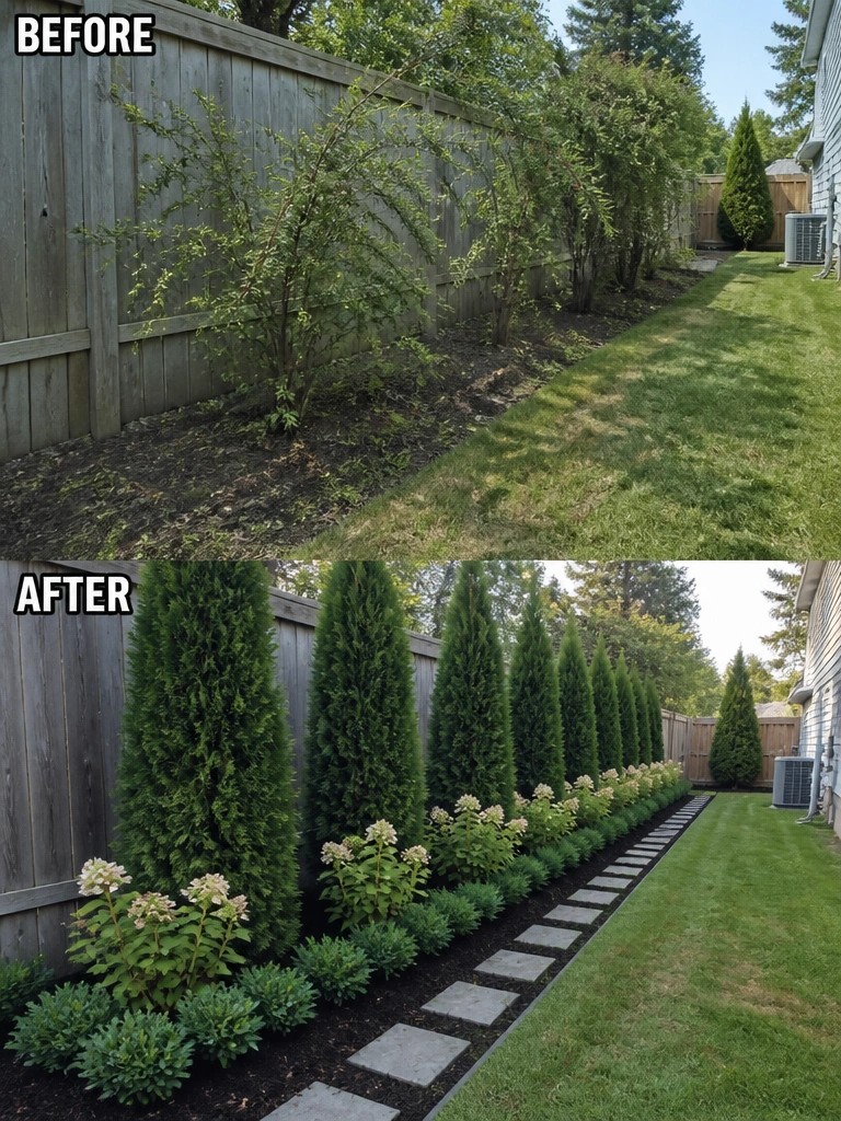 Before-and-after garden makeover: bare shrubs replaced by tall evergreens, hydrangeas, and stone path.