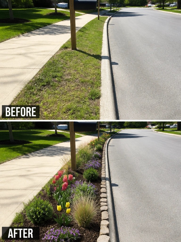 Before and after of roadside strip transformed with colorful flowers, plants and stones.