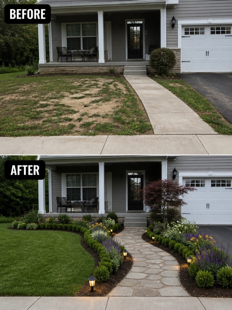 Before and after house front yard with new stone path and colorful landscaping