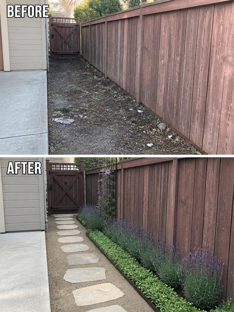 Before-and-after image of a bare dirt side yard changed into a space with a stepping stone path and a planted border along the fence.