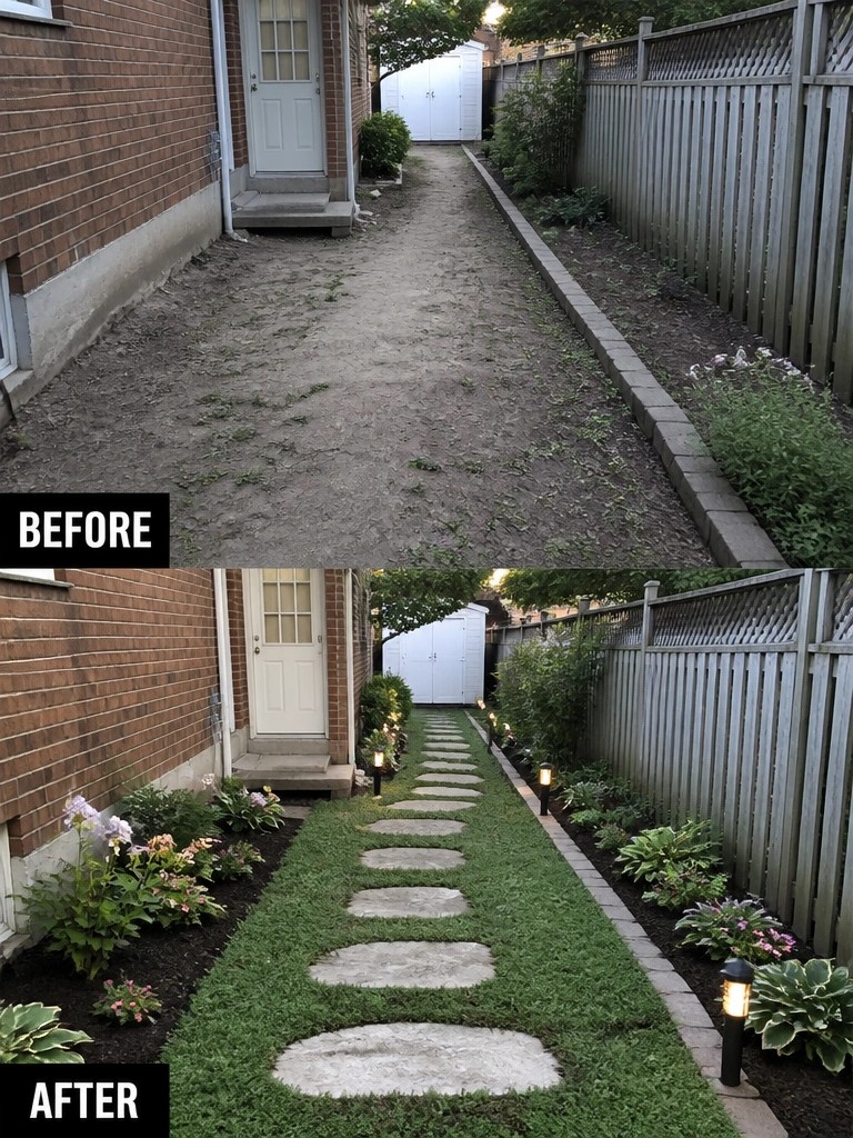Before-and-after image of a narrow side yard changed from a bare dirt path to a grassy walkway with stepping stones, planted borders, and path lighting.