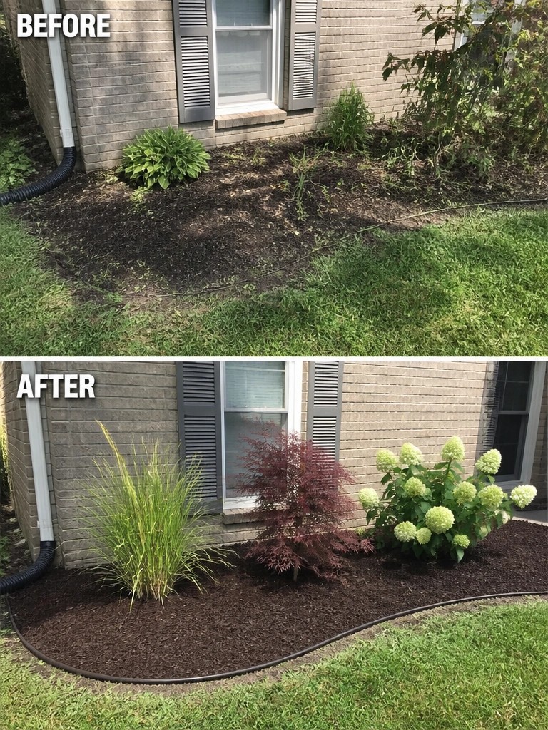 Before and after of mulched garden bed with ornamental grass and flowering shrubs