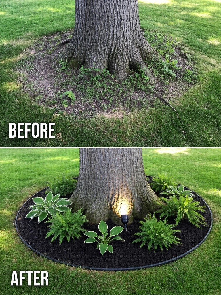 Before and after: tree base landscaped from weeds to mulched fern and hosta bed.