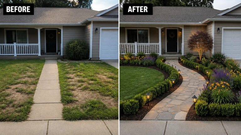 25 Beautiful Landscaping Makeover Ideas That Make The Yard Feel Planned Before and after house front yard with new stone path and colorful landscaping