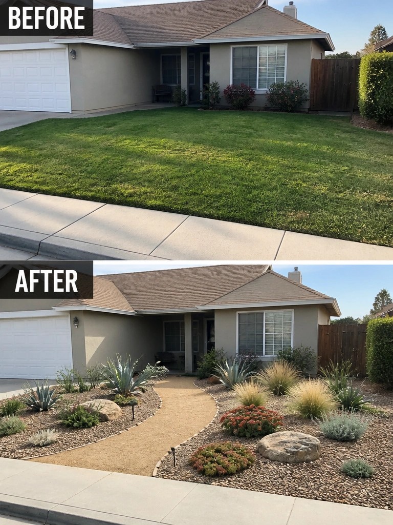 Before green lawn and after gravel path with succulents at beige house.