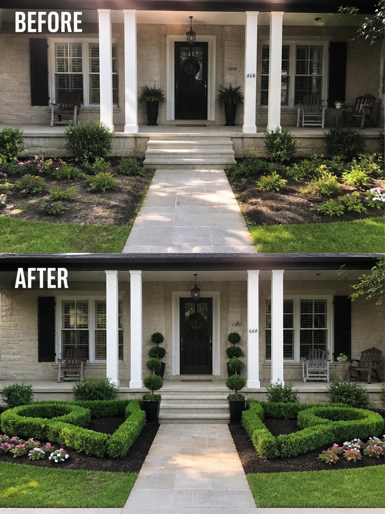 Before and after of stone house porch with manicured heart-shaped hedges and garden.