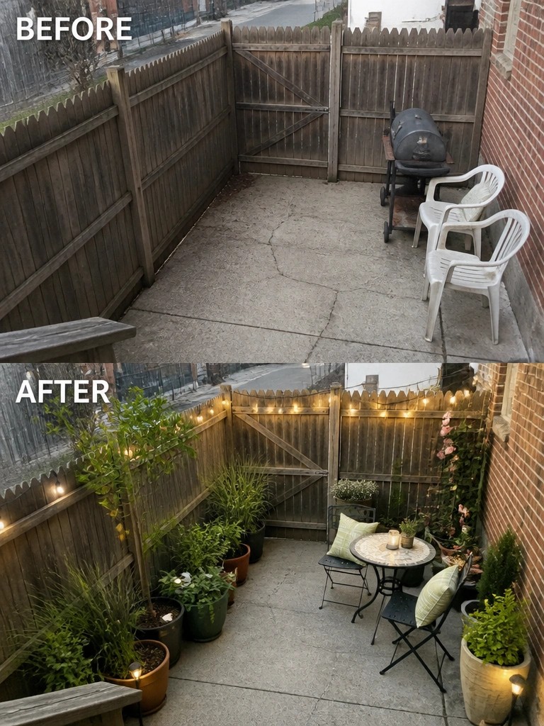 Before and after of concrete patio with string lights, plants, and seating area