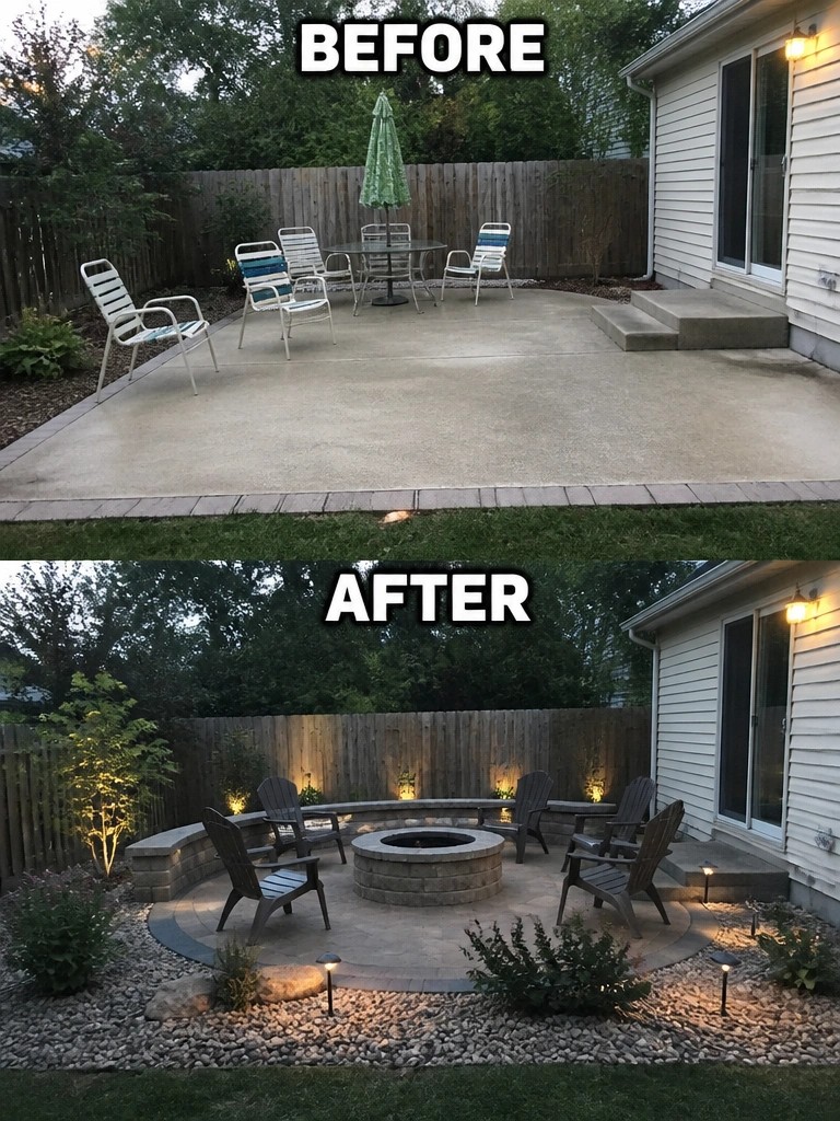 Before-after backyard patio: concrete slab transformed into firepit lounge with lights and landscaping