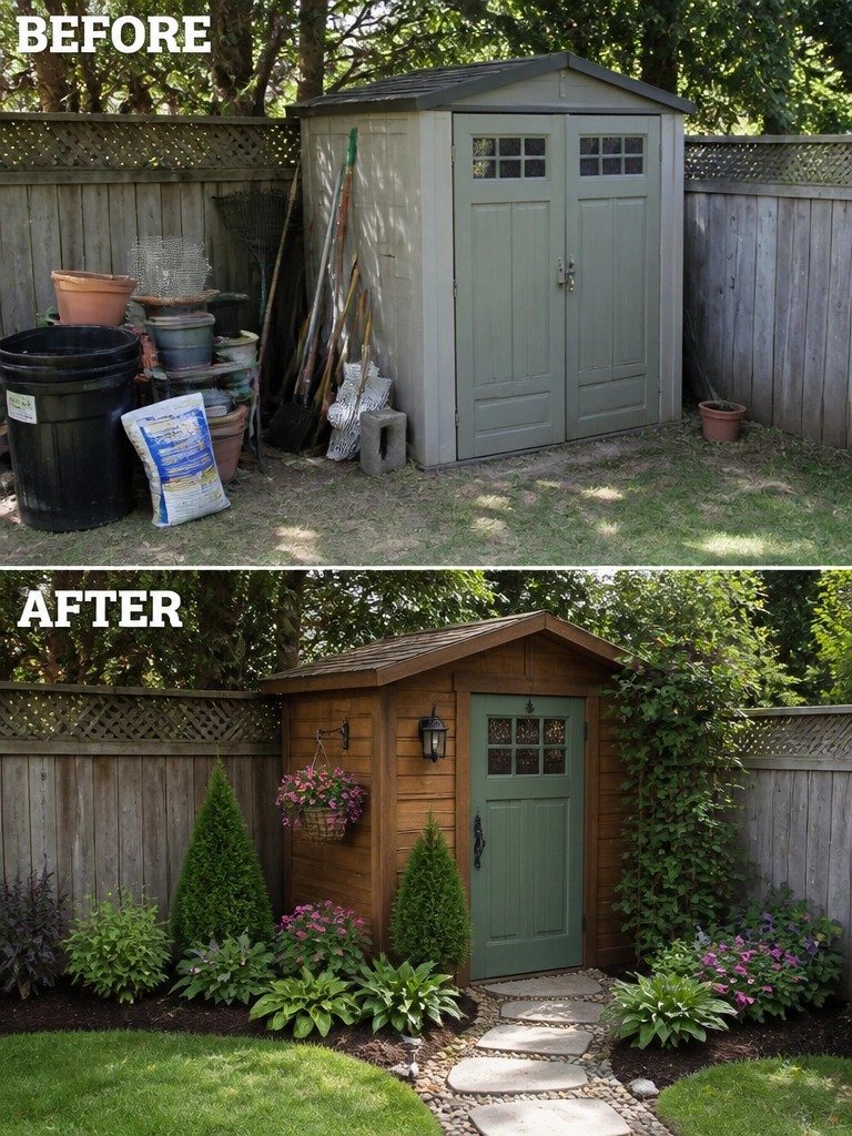 Before and after of cluttered shed transformed into landscaped wooden garden shed with path