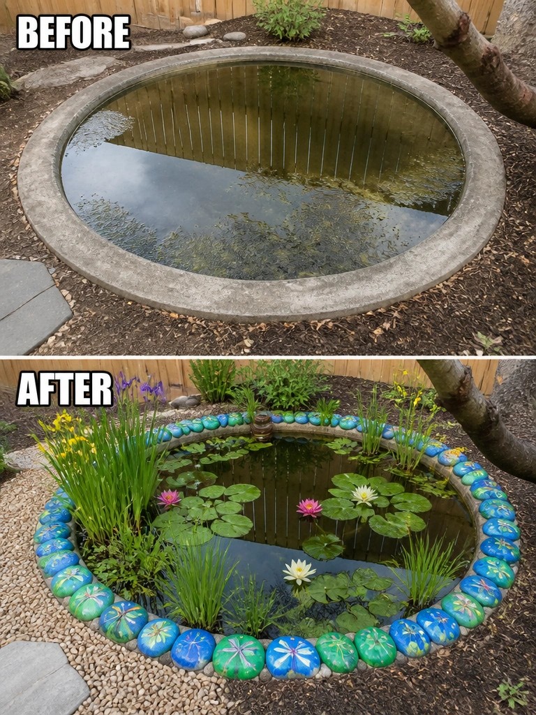 Split view of murky pond before and vibrant planted pond after with colorful rocks.