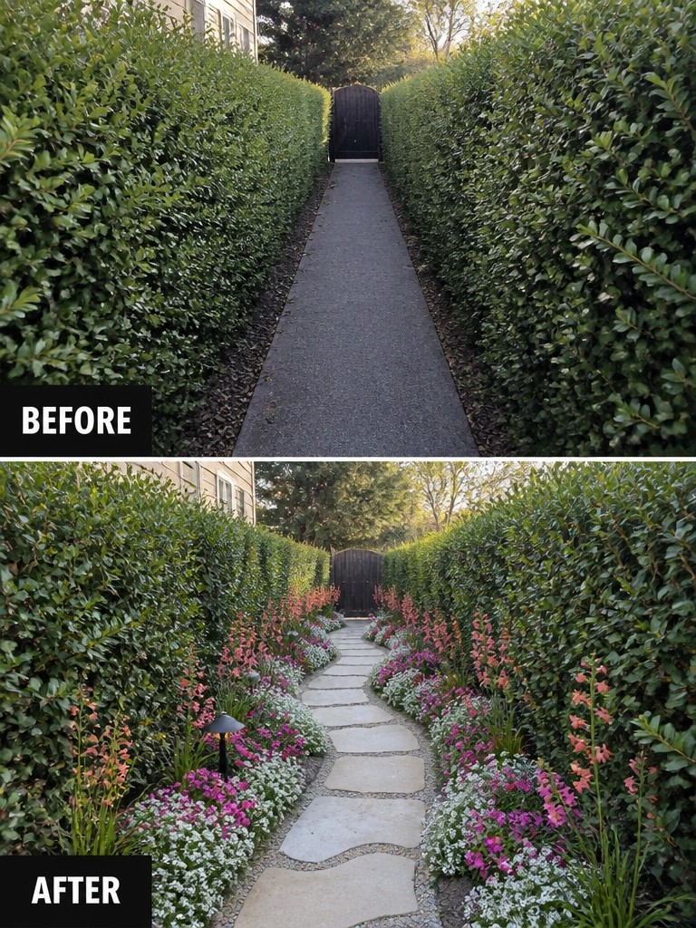 Before gravel path between hedges transformed into flower-lined stone walkway with lamp