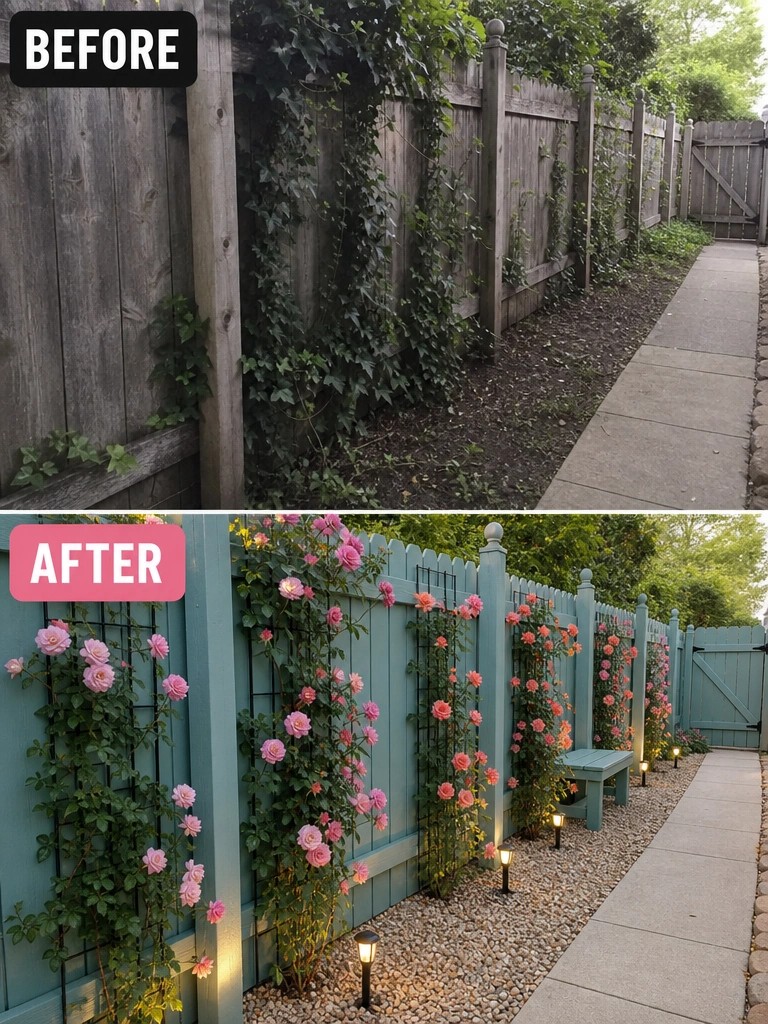 Before and after of fence painted teal with rose trellises, gravel, and lights.