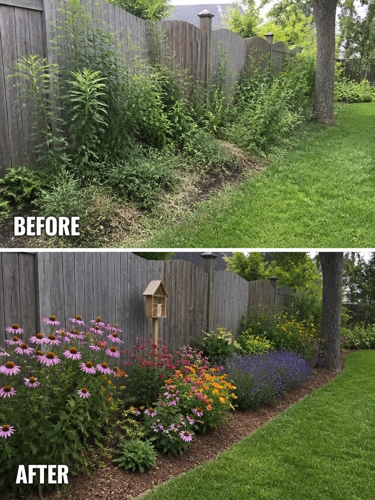 Before-and-after image of an overgrown garden edge along a fence changed into a neat mulched bed with colorful flowers and layered planting.