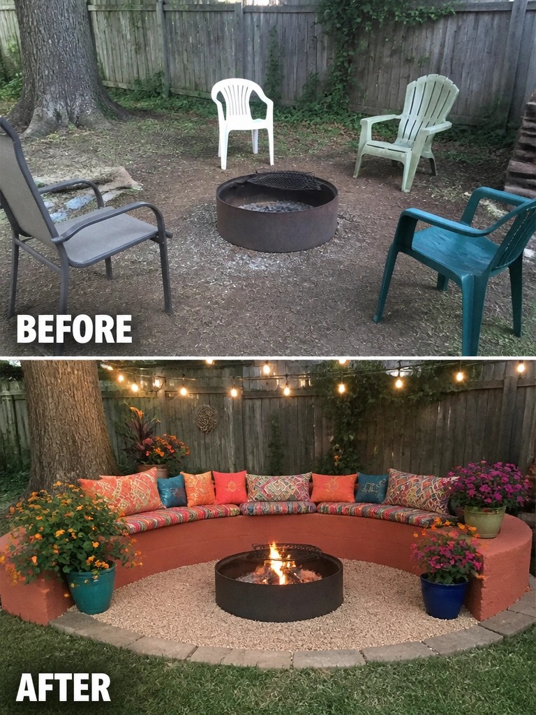 Before-and-after image of a basic fire pit surrounded by loose chairs transformed into a curved bench with cushions, string lights, and potted plants.
