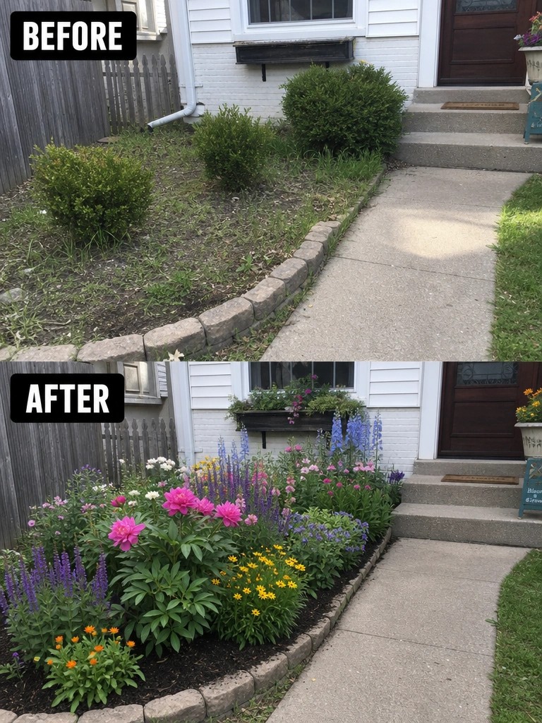 Before and after of a front yard garden transformed with colorful blooming flowers.
