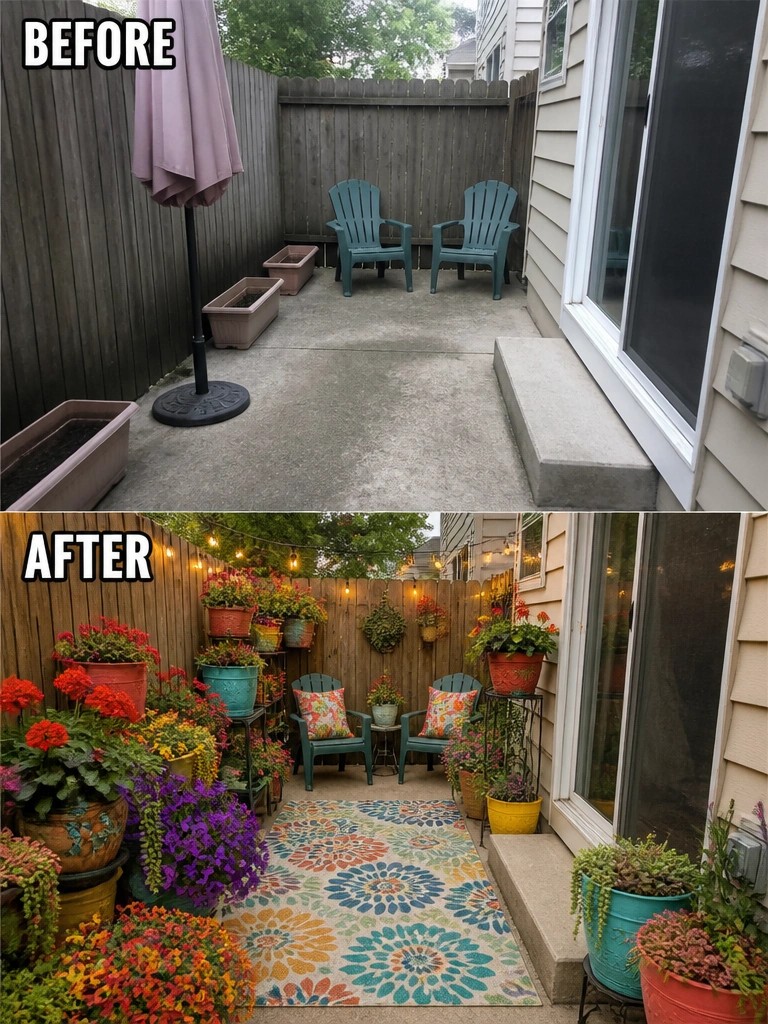 Before-and-after image of a plain concrete patio changed into a furnished outdoor seating area with a colorful rug, string lights, potted plants, and cushioned chairs.