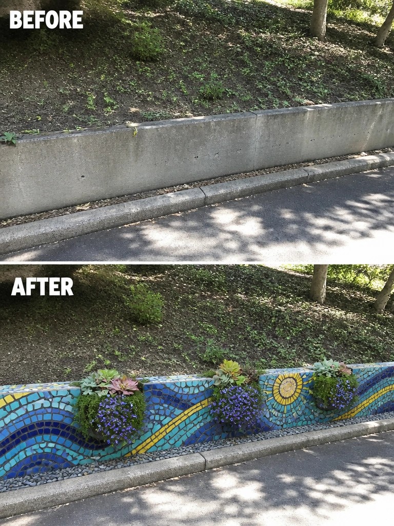 Before-and-after image of a plain concrete retaining wall transformed with colorful mosaic tiles and planted pockets along a roadside garden.