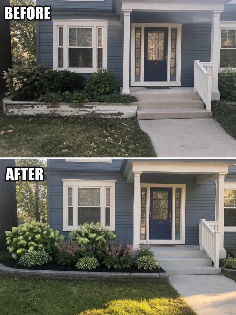 Before-and-after image of a front yard where overgrown foundation shrubs were replaced with neat garden beds edged in stone and filled with flowers and hostas.