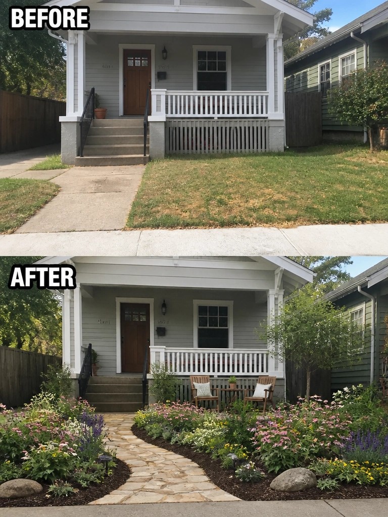 Before and after of house with new colorful garden and stone pathway.
