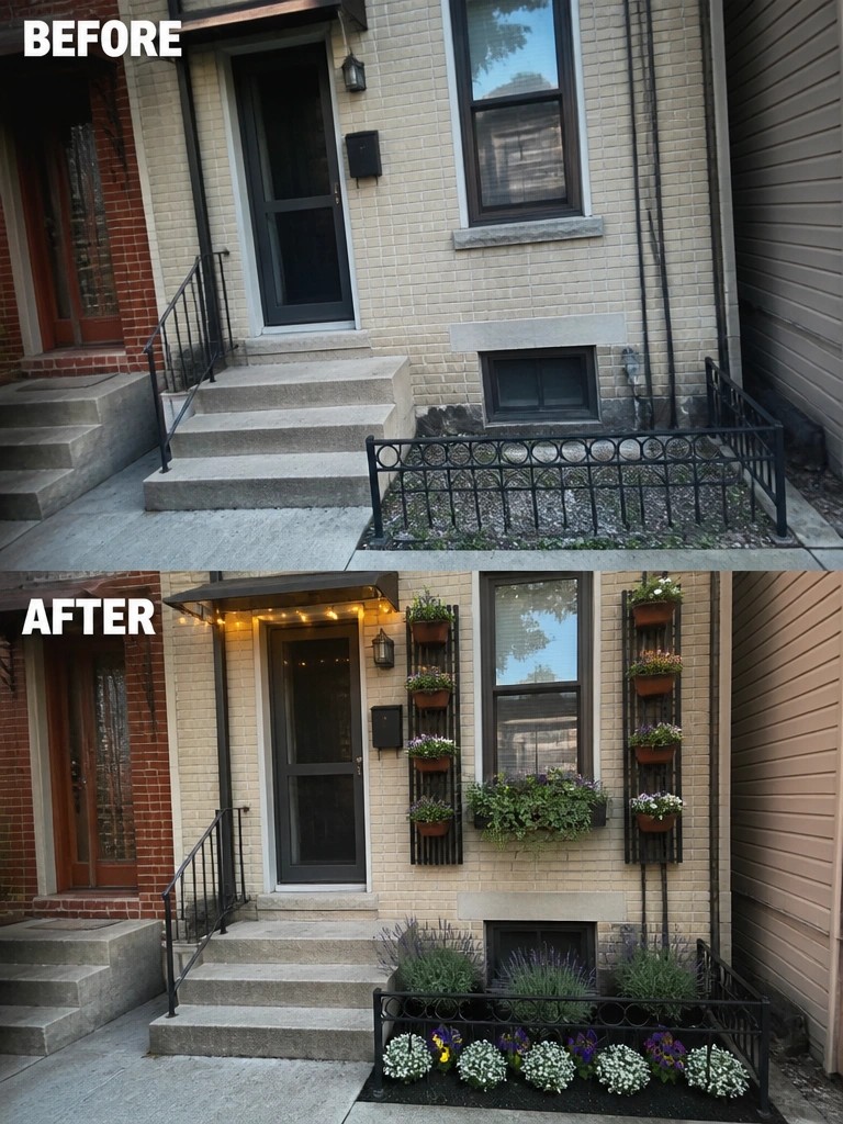 Before-and-after brick house entrance with new flower planters, lights, and garden bed