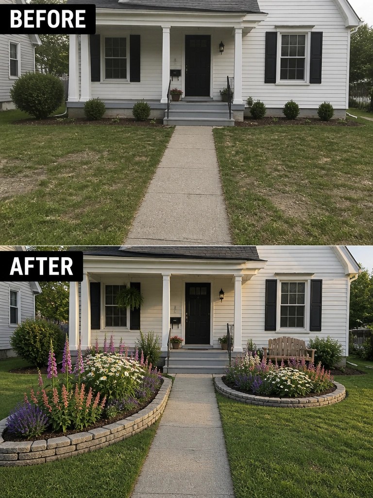 Before and after of white house with added colorful flower beds and bench.