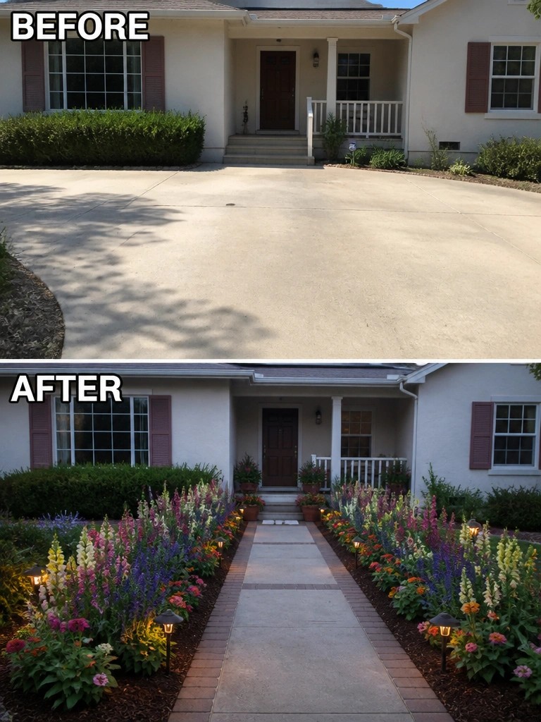 Before and after of house entrance with added colorful flowers and pathway